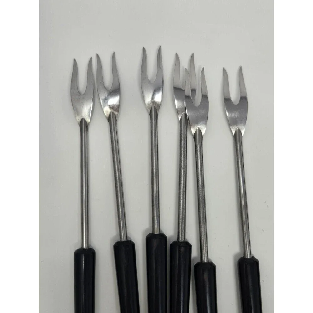 VINTAGE STAINLESS STEEL BLACK HANDLE FONDUE FORKS SET OF 6 WITH BOX FRANCE MCM